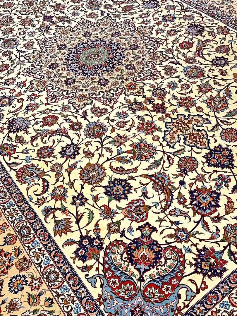 Authentic Persian area rug woven by Zojaji, a luxury Isfahan rug with traditional Persian medallion designs.